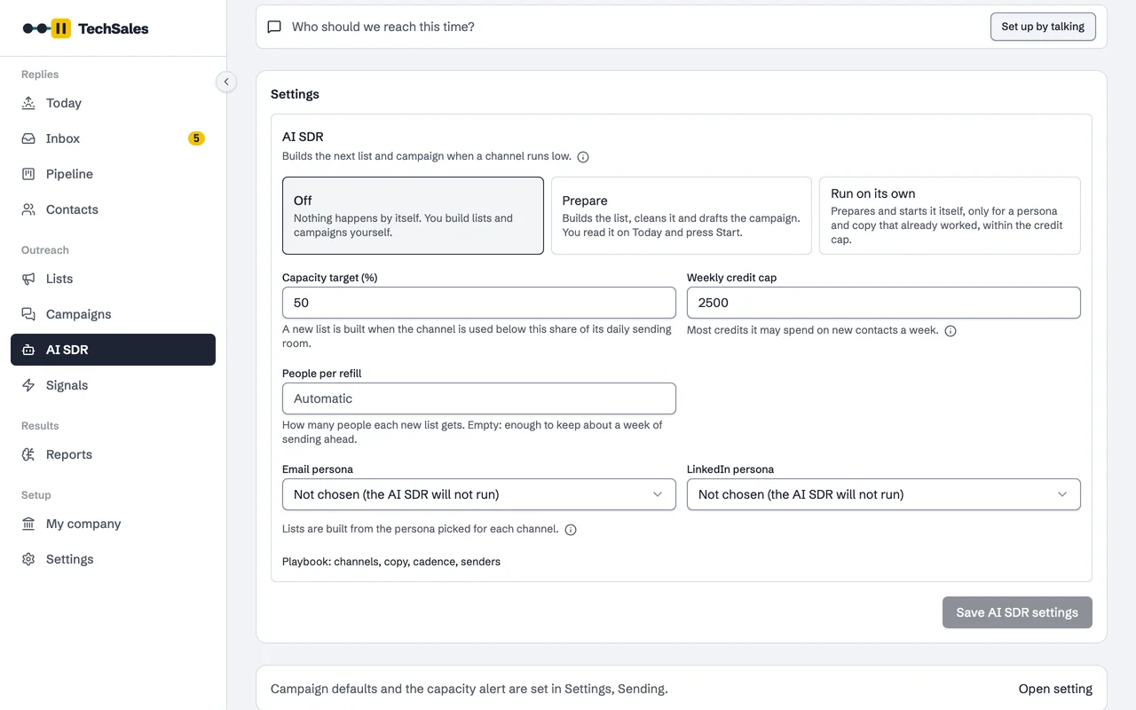 The AI SDR settings: Off, Prepare or Run on its own, the capacity target and a weekly credit cap