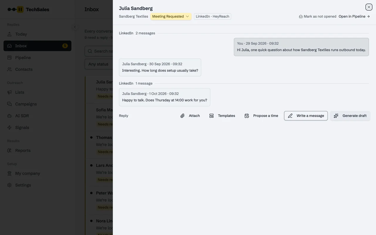 A reply thread in the Inbox, with Generate draft, Propose a time and Templates
